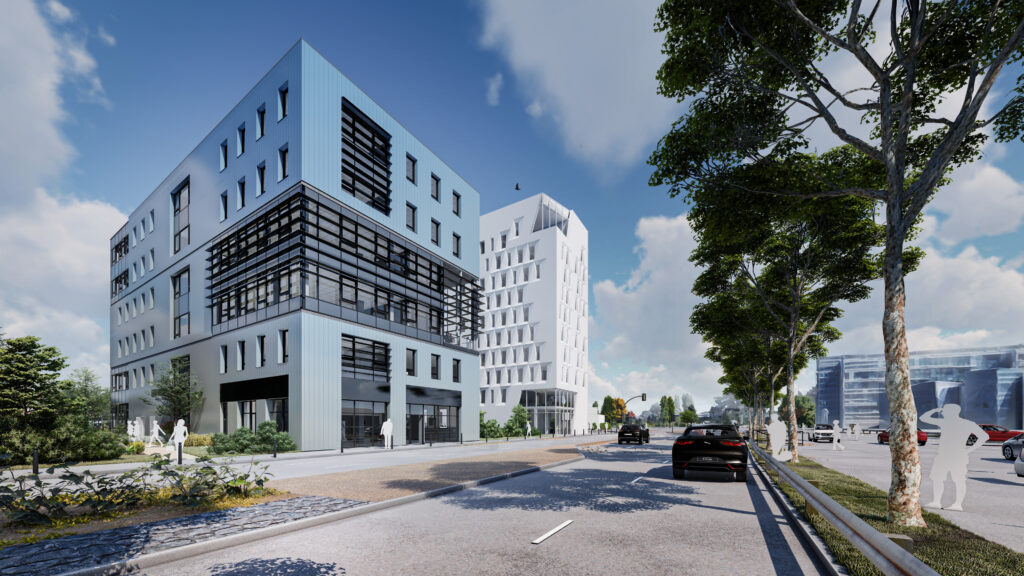 Immeuble de bureaux QUAI en SEINE - façades nord des bureaux et de la résidence de tourisme depuis le quai Colbert