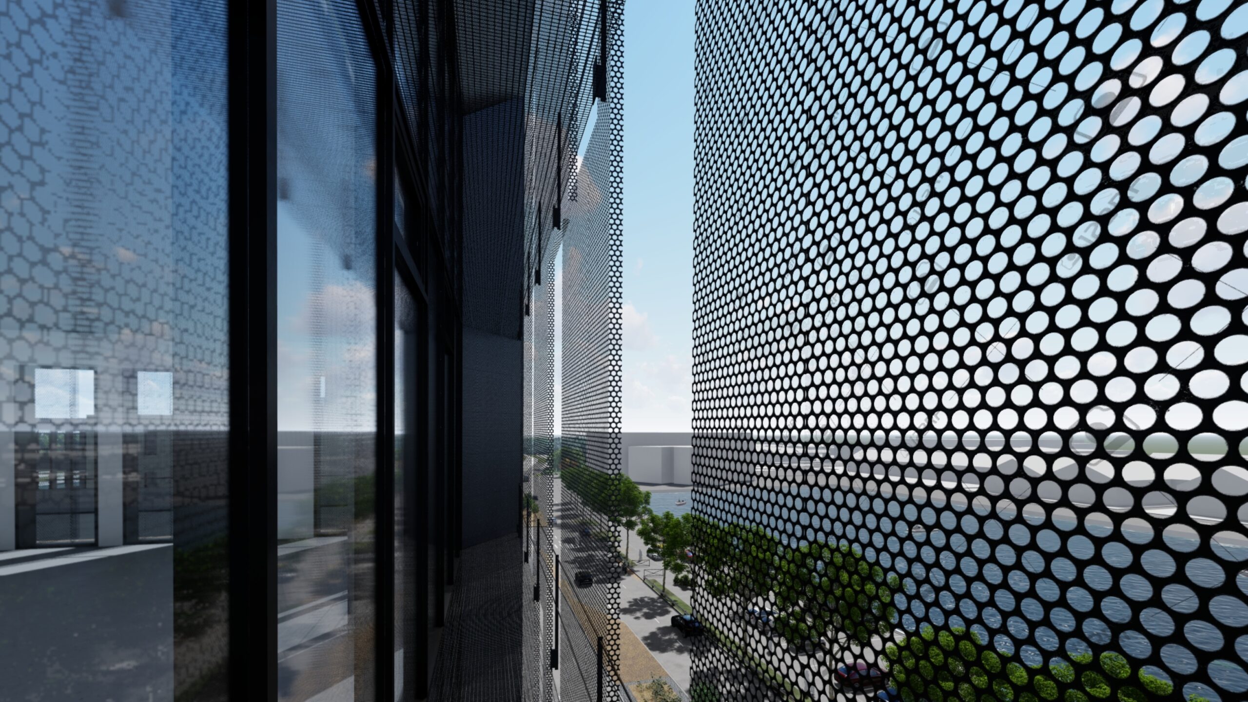 Immeuble de bureaux Le Havre - Vue entre fenêtre et couverture perforée